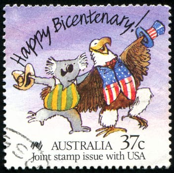 AUSTRALIA - CIRCA 1988: stamp printed by Australia, shows Caricature of Australian Koala and American Bald Eagle, circa 1988