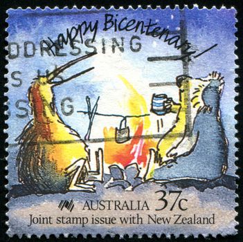 AUSTRALIA - CIRCA 1988: stamp printed by Australia, shows Caricature of an Australian koala and New Zealand kiwi, circa 1988