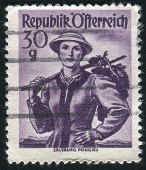 AUSTRIA - CIRCA 1948: stamp printed by Austria, shows Austrian Costumes, Salzburg, Pongau, circa 1948