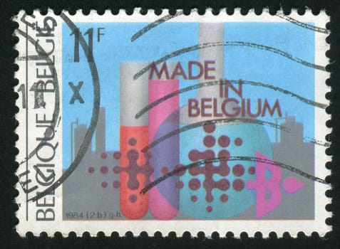BELGIUM - CIRCA 1984: chemical flasks with reagents, circa 1984.
