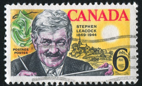 CANADA - CIRCA 1969: stamp printed by Canada, shows Stephen Leacock, Comedy Mask and Mariposa View, circa 1969