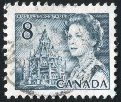 CANADA - CIRCA 1972: stamp printed by Canada, shows Queen Elizabeth II and Library of Parliament, circa 1972