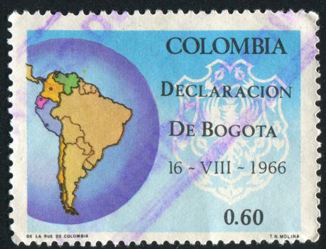 COLOMBIA - CIRCA 1967: stamp printed by Colombia, shows Map of South America and Arms, circa 1967