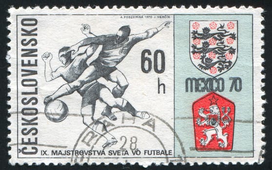 CZECHOSLOVAKIA - CIRCA 1970: stamp printed by Czechoslovakia, shows England Czechoslovakia match and coats of arms, circa 1970