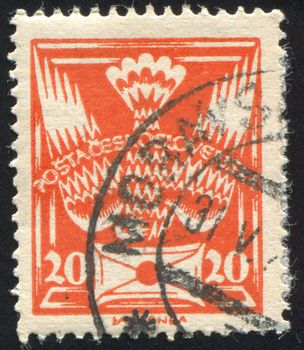 CZECHOSLOVAKIA - CIRCA 1920: stamp printed by Czechoslovakia, shows Carrier Pigeon with Letter, circa 1920