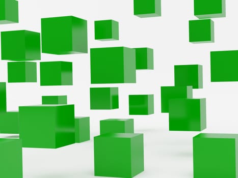 Falling cubes of green colour. High resolution image. 3d illustration over  white backgrounds.