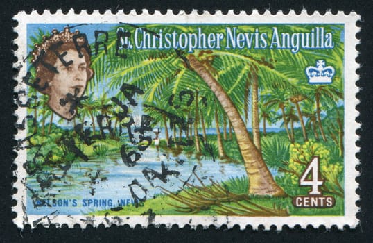 ST. CHRISTOPHER - CIRCA 1963: stamp printed by Great Britain, shows Jungle on island at ocean, circa 1963.