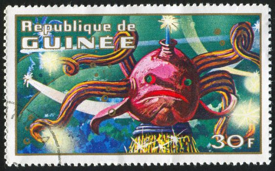 GUINEA - CIRCA 1972: stamp printed by Guinea, shows various imaginary prehistoric space creatures, circa 1972