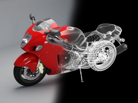 3d bike model. 3d illustration. A motorcycle illustration in studio.