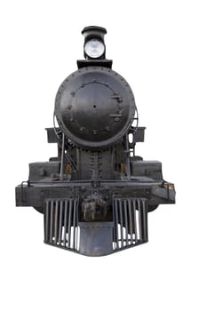 front view of a retro black steam train on white