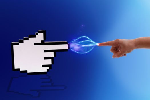 Icon computer cursor and human hand in electrical comunication on gradient blue background.