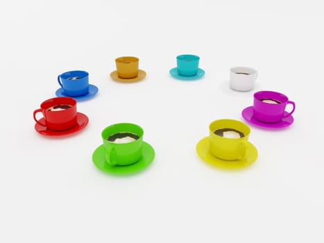 Multi-coloured cups against white background. 3d work.