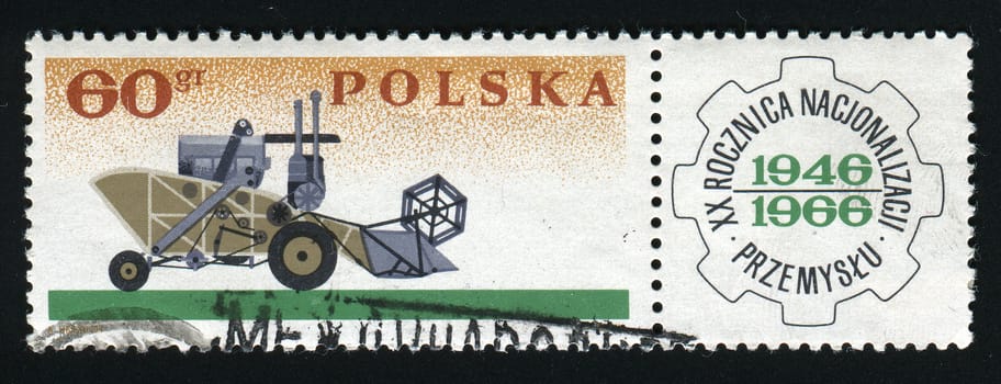 POLAND -CIRCA 1966: Supervising Technical Organization emblem. Combine, circa 1966.
