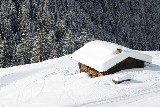 Chalet under the snow in french alps in winter