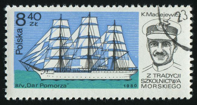 POLAND - CIRCA 1980: stamp printed by Poland, shows ship. Dar Pomorza, K. Maciejewicz, circa 1980.