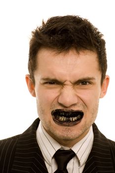 Angry man with black teeth