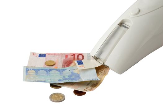 Vacuum cleaner sucking up euro banknotes and change