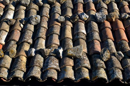 Detail of old roof tiles on Italian building