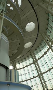 elements of modern futuristic hall interior, glass roof,wall and metal constructions