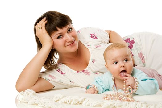 Mother with daughter posing together isolated on white