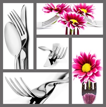 Collage of cutlery in different positions on white with space for text