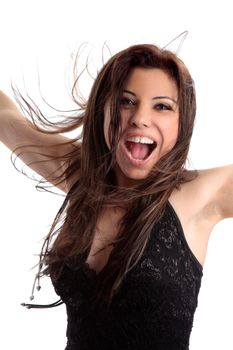A lively happy woman with long hair showing excitement and happiness.   There is some movement motion to some parts of her hair and mouth.  White background.
