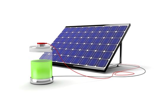 Big solar panel connected with wires to the battery and fills the battery with free power