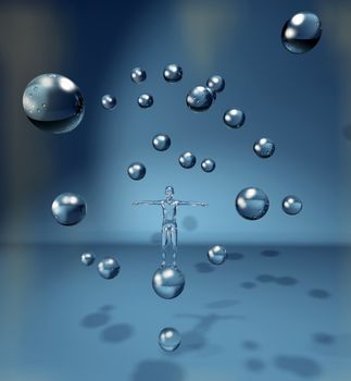Floating glassy young man among transparent glass spheres over blue background.