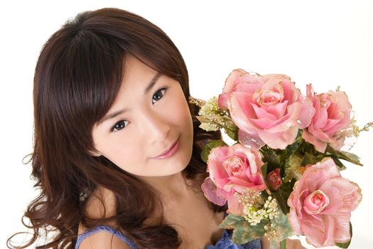 Beauty with roses, closeup portrait of Asian girl on white background.