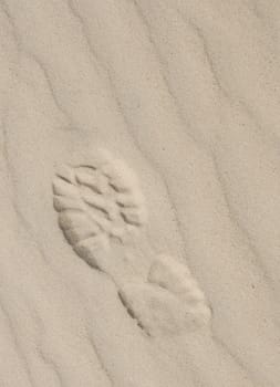 Sport footwear print on light sand with diagonal pattern created by wind with copy space