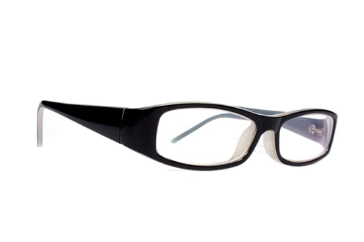 A pair of black glasses / spectacles, isolated on a white studio background.