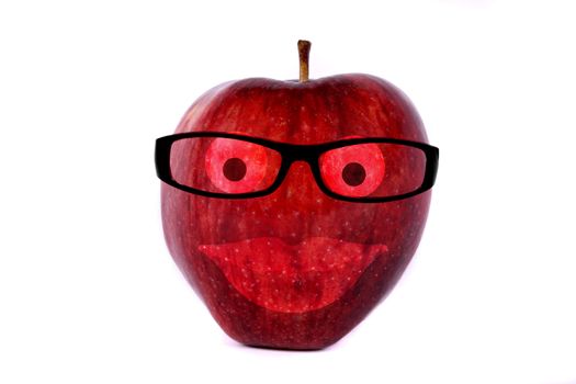 A nerd apple wearing glasses, isolated on white studio background.