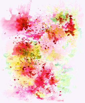 Abstract background, watercolor, hand painted on a paper. Pink, red, yellow, white