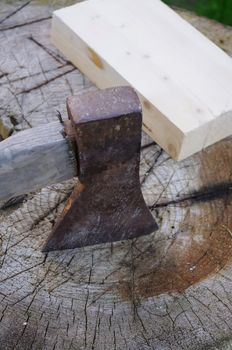 a axe on a stump of wood