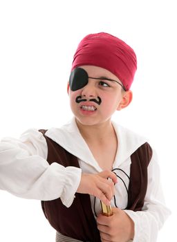 An angry young pirate with eye patch holds a telescope.  White backgruond.