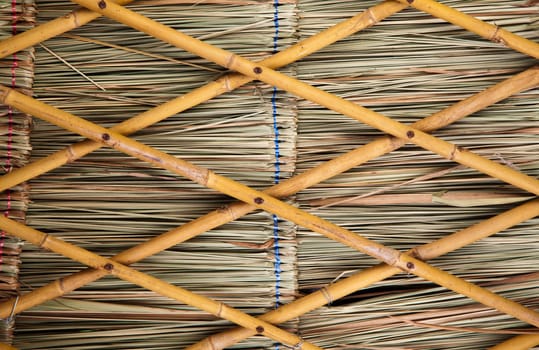 Yellow little bamboo trunks were arranged in fencing form over dry grasses leaf.