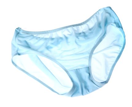 Blue light through woman underwear on white background.