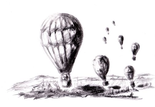 Freehand drawing of hot air balloons in the air over rural field.