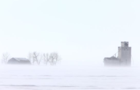 Town and Grain Elevator in Blizzard Saskatchewan 