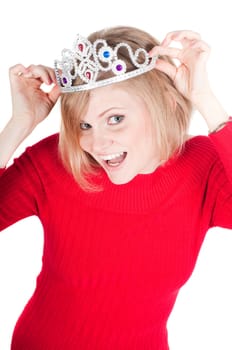 Portrait of beautiful woman with crown isolated on white