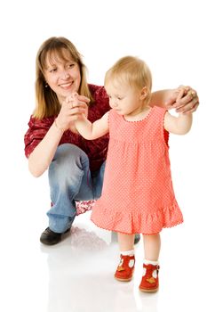 Happy mother playing with daughter isolated on white