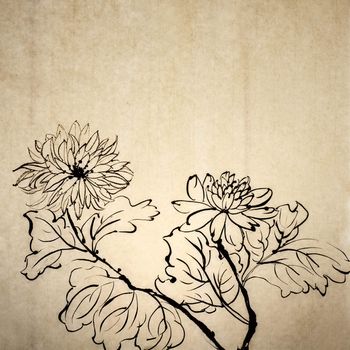 Chinese traditional ink painting on old art paper in grungy style.
