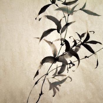 Chinese ink painting of bamboo on old grunge art paper.
