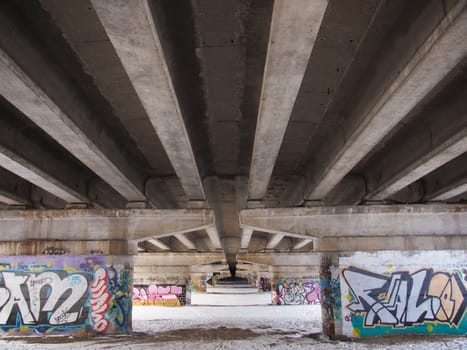 Graffiti under the bridge of the highway 