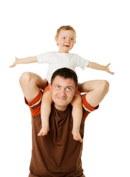 Father and son having fun together isolated on white