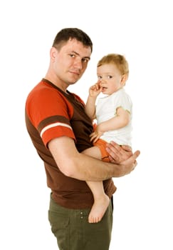 Happy Father holding toddler son isolated on white