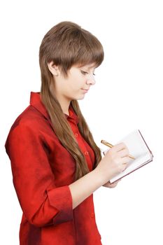 young beautiful girl with a notebook. Isolated white background
