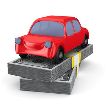 Red car on dollars. Isolated 3D image