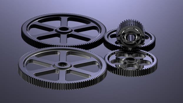 Three black crome gears on black background, mechanism concept 3d render of a gear