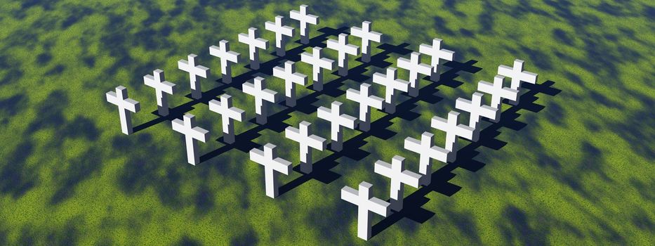 Aerial view of many white crosses in a grassland